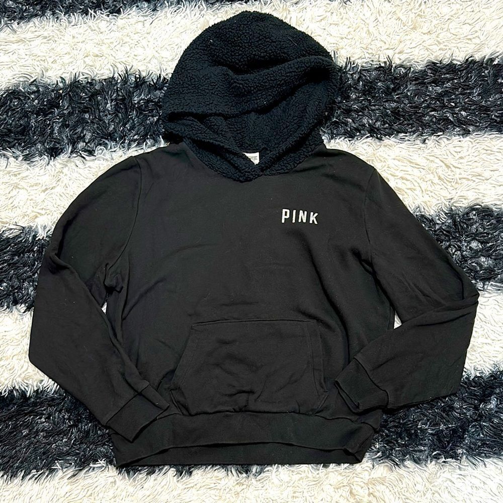 PINK Black Hoodie with Sherpa Hood, Large